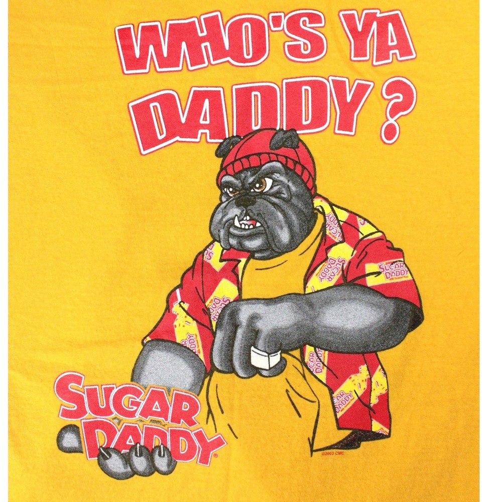 Sugar Daddy "Who's Ya Daddy?" Bulldog Graphic T Shirt Gold Mens Large Y2K 2003